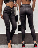 Solid Color Button Black Tight Pants