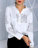 Fashion Printed Letter V-Neck Button Long-Sleeved Shirt Top
