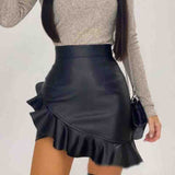 Black Irregular Ruffled Skinny PU Skirt