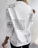 Fashion Printed Letter V-Neck Button Long-Sleeved Shirt Top