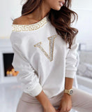 Solid Color Casual Hot Diamond Long Sleeve White Top