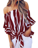 Chiffon Off the Shoulder Blue and White Striped Shirt