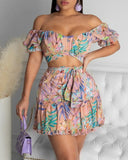 Sexy Off Shoulder Floral Print Top & Frill Hem Skirt Set