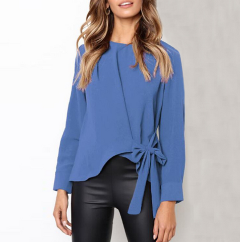 Solid Color Long Sleeve Bow Tie Blouse
