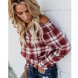 Sexy One-Shoulder Plaid Long-Sleeved Top