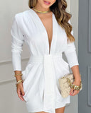 Sexy White Deep V-Neck Long Sleeve Wrap Dress