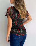 Casual Women's Floral Embroidered Ruffle Sleeve Top