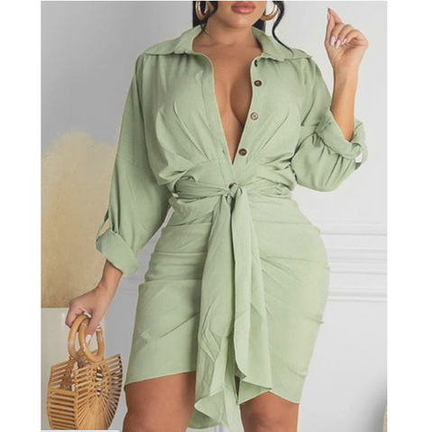 Women'S Solid Color Fashion Casual V-Neck Long-Sleeved Dress