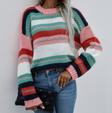 Loose Knitting Women'S Round Neck Stripes Long Sleeve Sweater