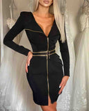 Long Sleeve Women'S Black Zipper Dress