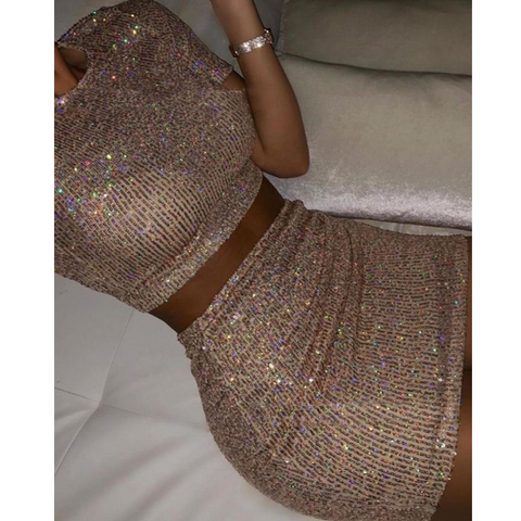 Sexy Sequin Short Sleeve Two-piece Set