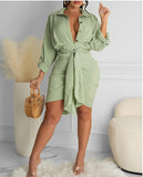 Women'S Solid Color Fashion Casual V-Neck Long-Sleeved Dress