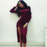 Solid color high collar Long-sleeved package hip dress