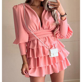 V-Neck Women Pink Long-Sleeved Dress