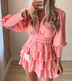 V-Neck Women Pink Long-Sleeved Dress