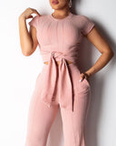 Pure Color Casual Short Sleeve Two-piece Set