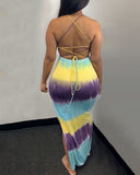 Backless Gradient Color Tie Dye Bandage Slit Maxi Dress