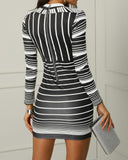 Round Neck Long Sleeve Striped Print Bag Hip Dress