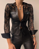 Solid Color Sexy Lace Splicing Long Sleeve Shirt