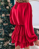 Turtleneck Red Ruffled Casual Long Sleeve Dress