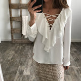 Solid Color Long-Sleeved Chiffon V-Neck Shirt