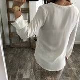 Solid Color Long-Sleeved Chiffon V-Neck Shirt