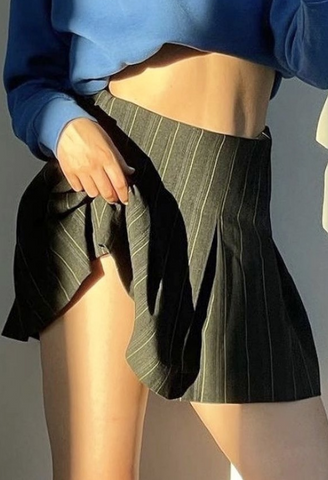 Striped Casual Chiffon Black High Waist Skirt