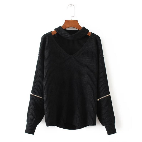 Loose V-Neck Zipper Sweater – wensoal