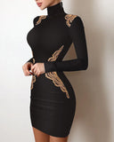 Solid Color Lace Skinny Long Sleeves High-Necked Dress