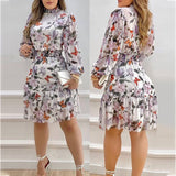 Irregular High-Neck Long-Sleeved Printed Dress