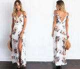 Fashion Floral Printed Long Slit Maxi Dress V-neck Dress