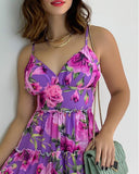 Purple Sling V-Neck Print Sleeveless Dress
