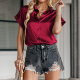 Women'S Solid Color Short Sleeved Cardigan Button Shirt
