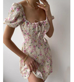 Fashion Bubble Sleeved Floral Short Sleeved High Waisted Dress