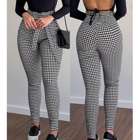 Tight-Fitting Plaid High-Waisted Trousers