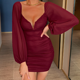 V Neck Sexy Long Sleeve Solid Color High Waist Dress