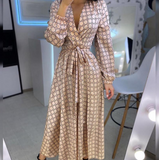 V-Neck Printed Long-Sleeved Dress