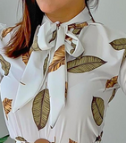 Women's White Leaf Print Long Sleeve Two-piece Set