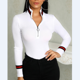 Solid Color High-Necked Zipper Striped Shirt