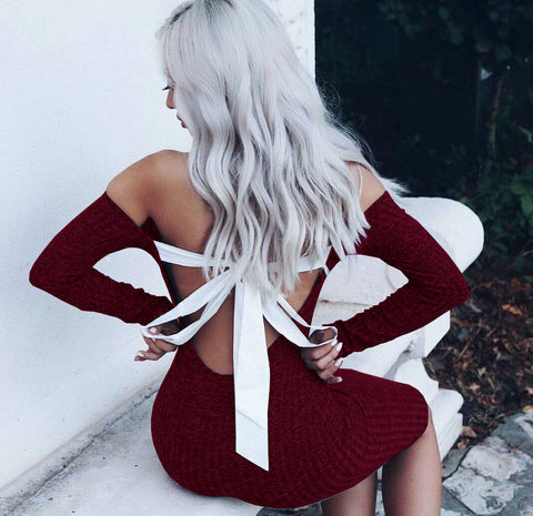 Sexy Solid Color Long Sleeve Backless Dress