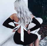 Sexy Solid Color Long Sleeve Backless Dress