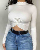 Long-Sleeved Solid Color Pit Strip Top