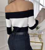 Women'S Striped Long-Sleeved One-Shoulder Top