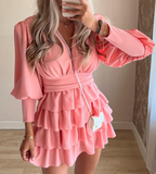 V-Neck Women Pink Long-Sleeved Dress