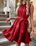 Women'S Solid Color High Neck Sleeveless Ruffle Dress