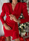 Red Puff Sleeve Casual Ruffle Dress