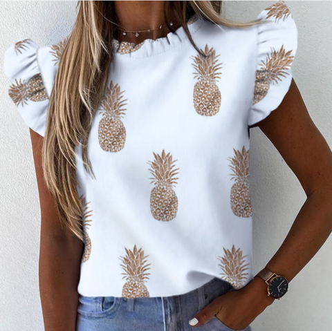 Summer Ruffled Short Sleeve Round Neck Pineapple Print Shirt