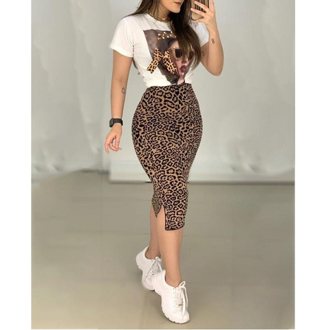 Sexy Casual Leopard Print Short Sleeve Two-Piece Suit