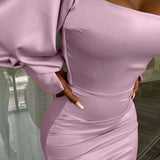 Solid Color Puff Sleeves Slim Elegant Long Sleeve Hip Pack Dress