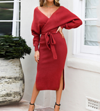 Solid Color Women'S Sexy V-Neck Long Sleeve Knitted Dress